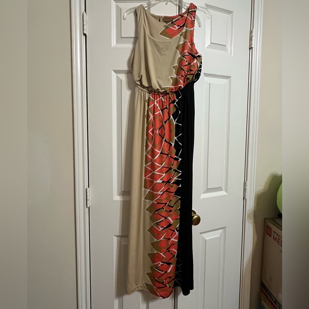 Colorblock Dress – Sleeveless Brown, Beige & Red-Orange Dress